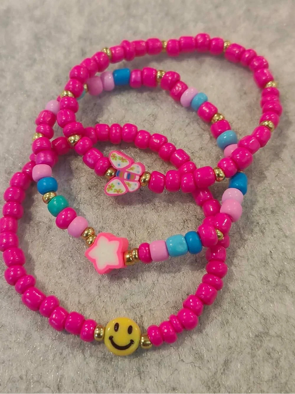 Kids Pink Beaded Charm Bracelet Set - Star, Butterfly & Smile